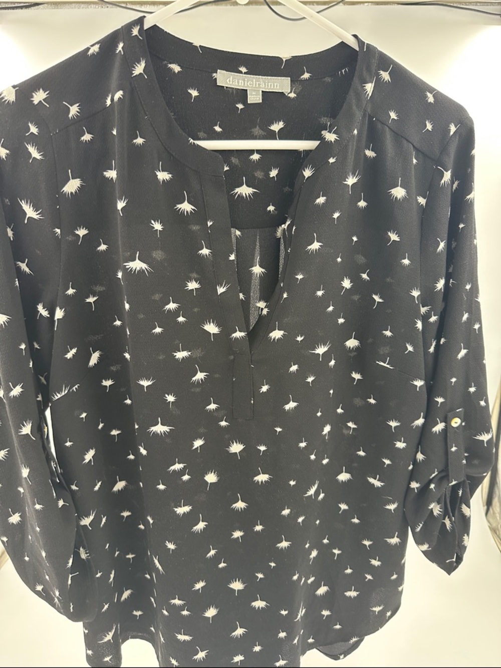 Daniel Rainn Black Blouse with White Floral Dandelion Print